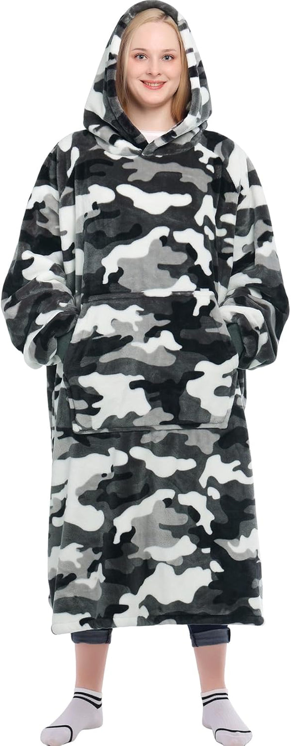 Wearable Blanket Sweatshirt Gifts for Women and Men, Warm and Cozy Giant Blanket Hoodie, Thick Flannel Blanket with Sleeves and Giant Pocket - Camo