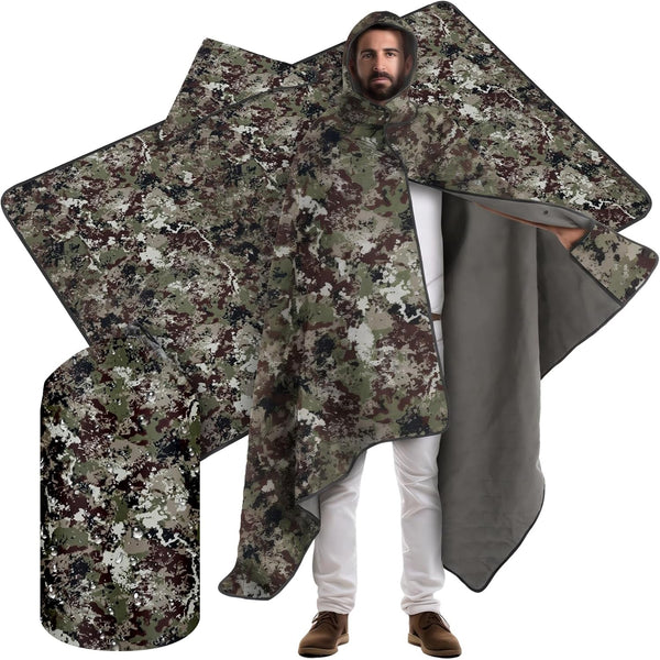 55" X 95" Waterproof Woobie Camo Blanket for Hunting Extra Outdoor Stadium Blankets Sherpa Lining with Hood and Storage Pocket for Deer Duck Hunting Gear Blind Accessories(Camo)