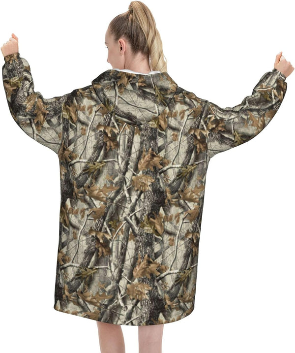 Oversized Flannel Wearable Blanket Hoodie for Adult Mossy-Tree-Camo-Leaf Soft Fuzzy Hooded Lounging Pullover