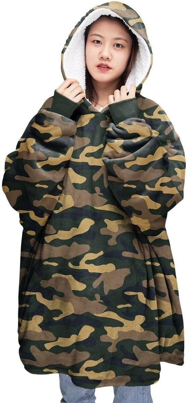 Oversized Wearable Blanket Hoodie, Teddy Fleece Fluffy Sherpa, Printed Hooded Sweatshirt Blanket Pullover, Giant Hooded