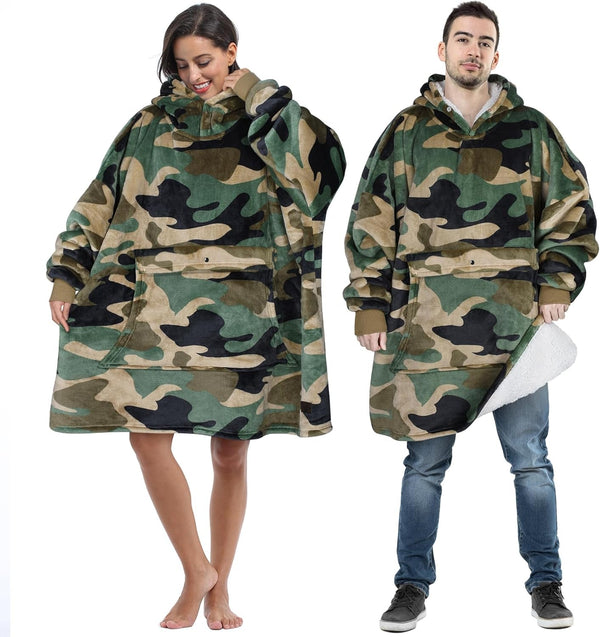 Oversized Blanket Hoodie, Wearable Fluffy Sherpa Blanket, Cozy Sweatshirt Blanket Gift for Adult Women Men Girlfriend, Camo