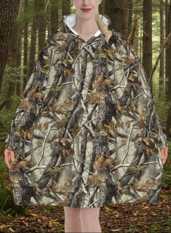 Oversized Flannel Wearable Blanket Hoodie for Adult Mossy-Tree-Camo-Leaf Soft Fuzzy Hooded Lounging Pullover